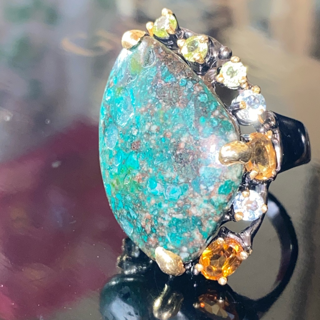 Mysterious Genuine Turquoise Ring With Gemstones